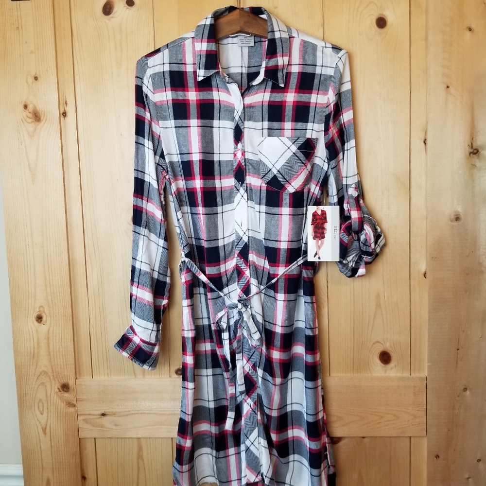 BLL nyc Plaid Roll Tab Sleeve Button Up Tie Waist Single Pocket Shirt Dress NWT